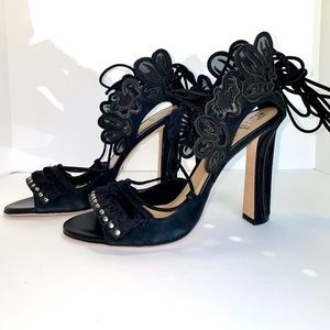 Paula Cademartori Suede & Mesh Winged High Heel Sandals w/Grommets & Fringe NEW